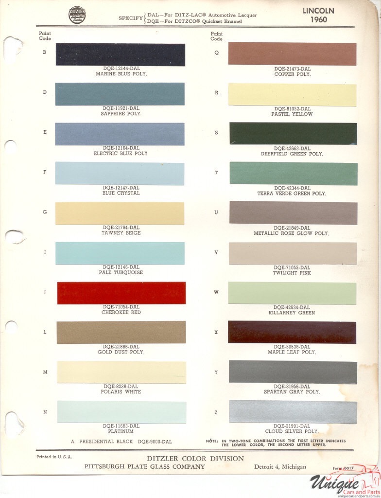 1960 Lincoln Paint Charts PPG